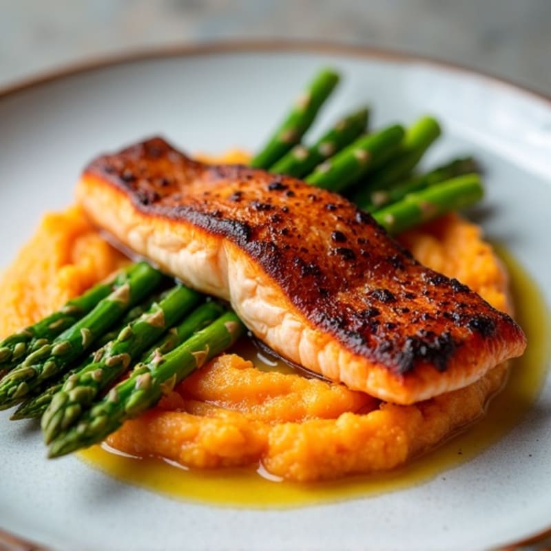 Seared Salmon with Steamed Asparagus and Sweet Potato Mash
