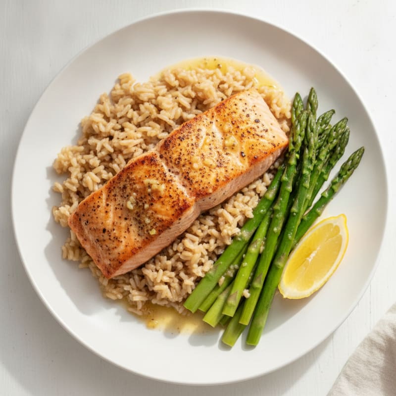 Seared Salmon Fillet with Steamed Asparagus and Brown Rice