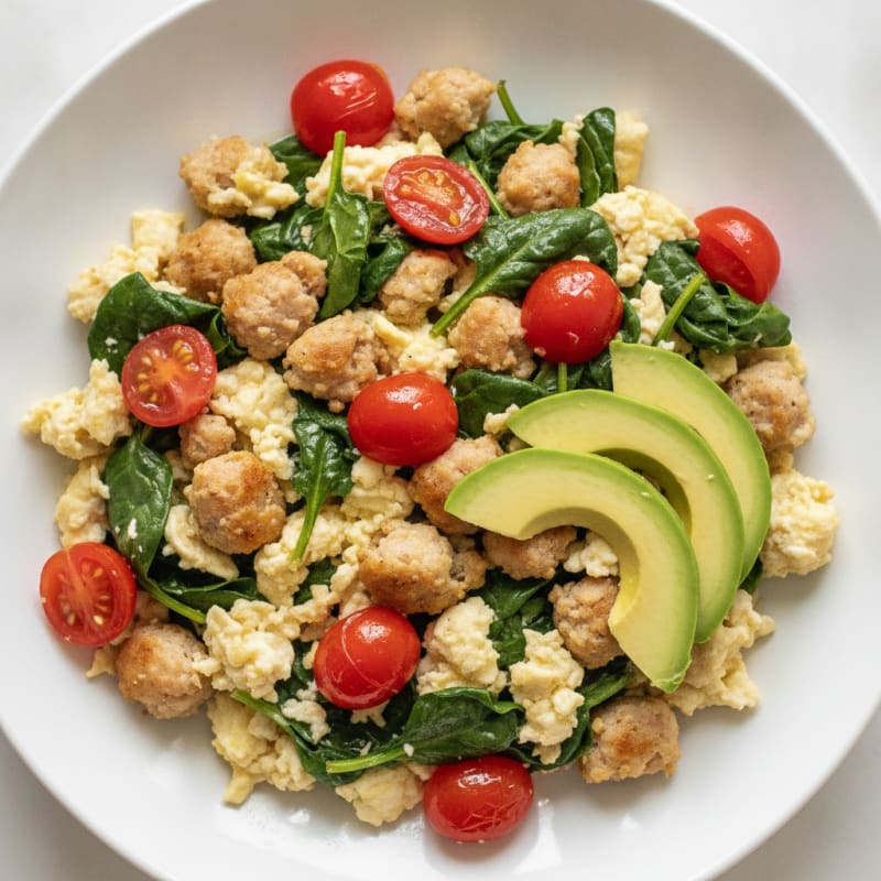 Egg White and Chicken Sausage Scramble with Spinach and Tomatoes