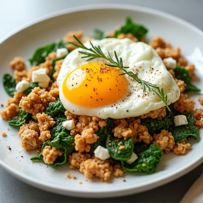 Crispy Ground Turkey Spinach and Feta Egg Scramble