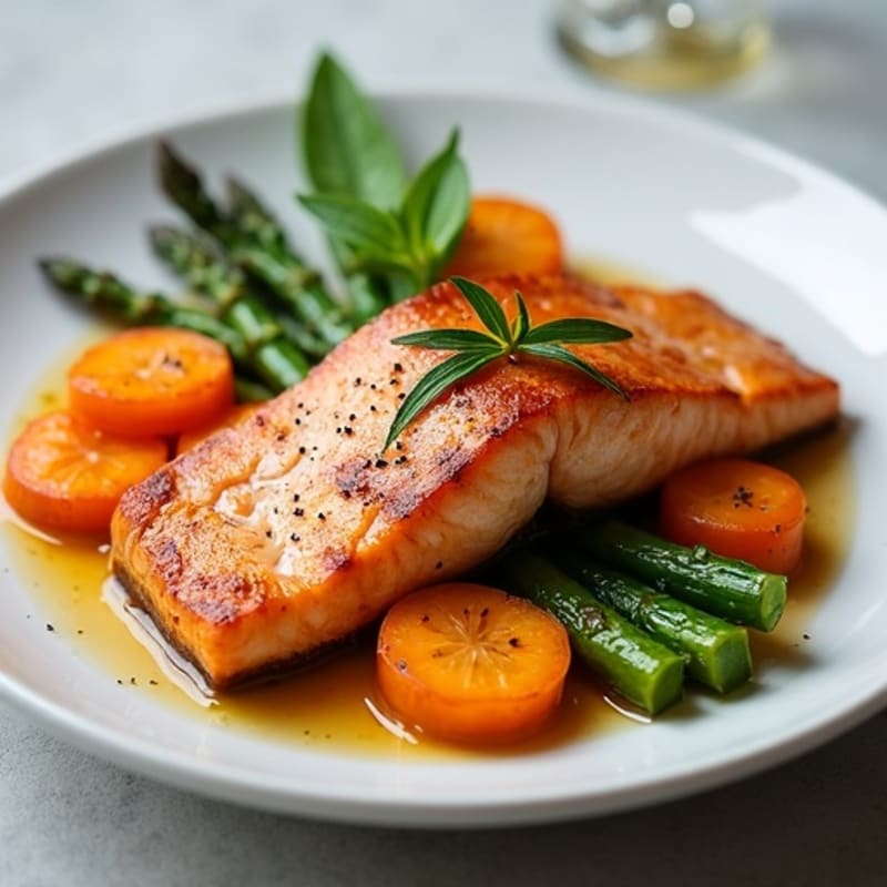 Seared Salmon with Roasted Sweet Potato and Asparagus