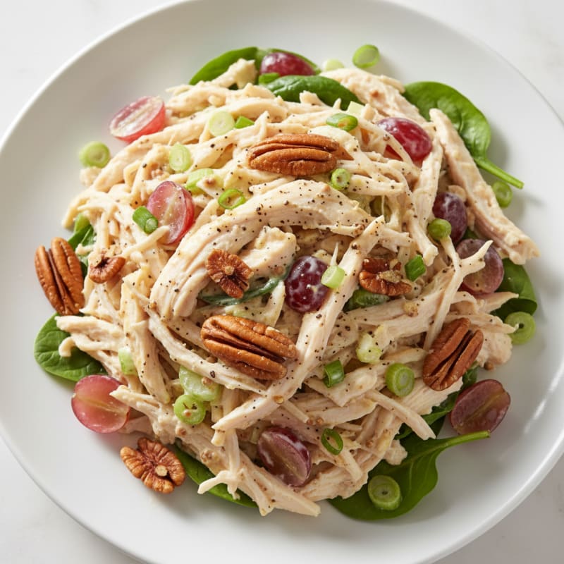 Creamy Shredded Chicken Salad with Toasted Pecans