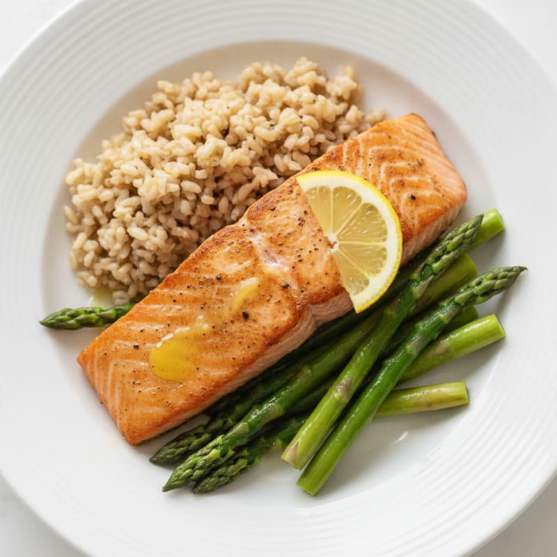 Seared Salmon with Steamed Asparagus and Brown Rice