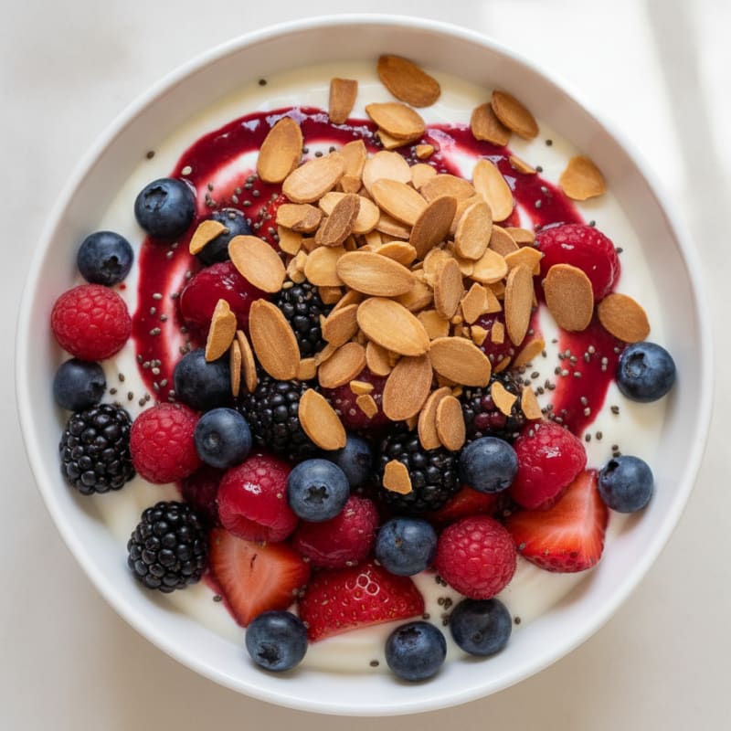 Greek Yogurt Protein Parfait with Mixed Berries and Almonds