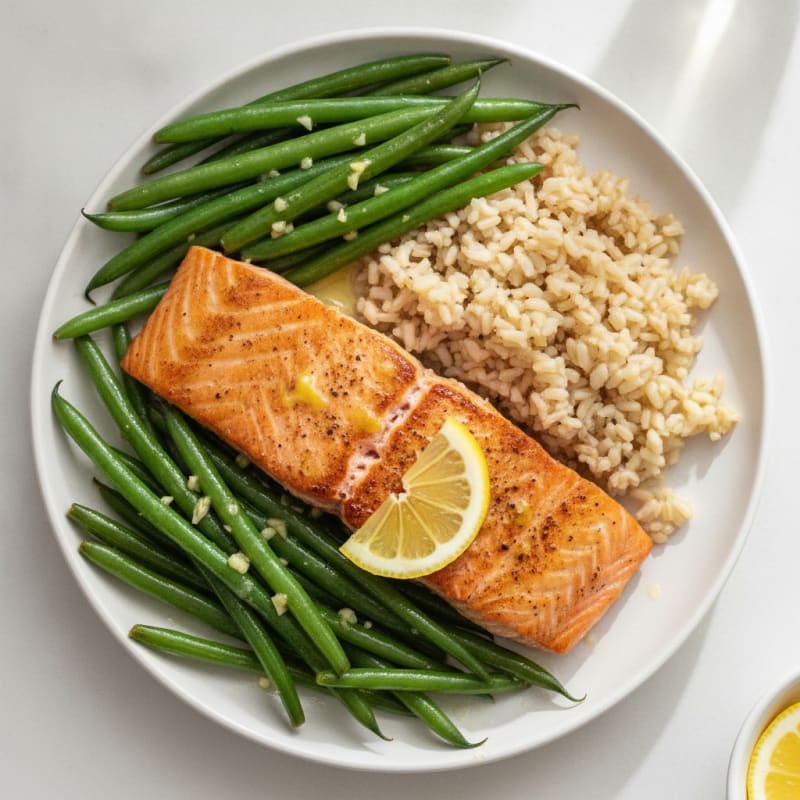 Seared Salmon with Garlic Green Beans and Brown Rice