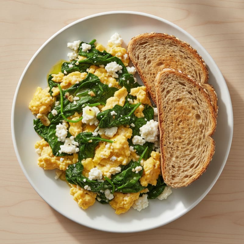 Scrambled Eggs with Cottage Cheese and Sautéed Spinach