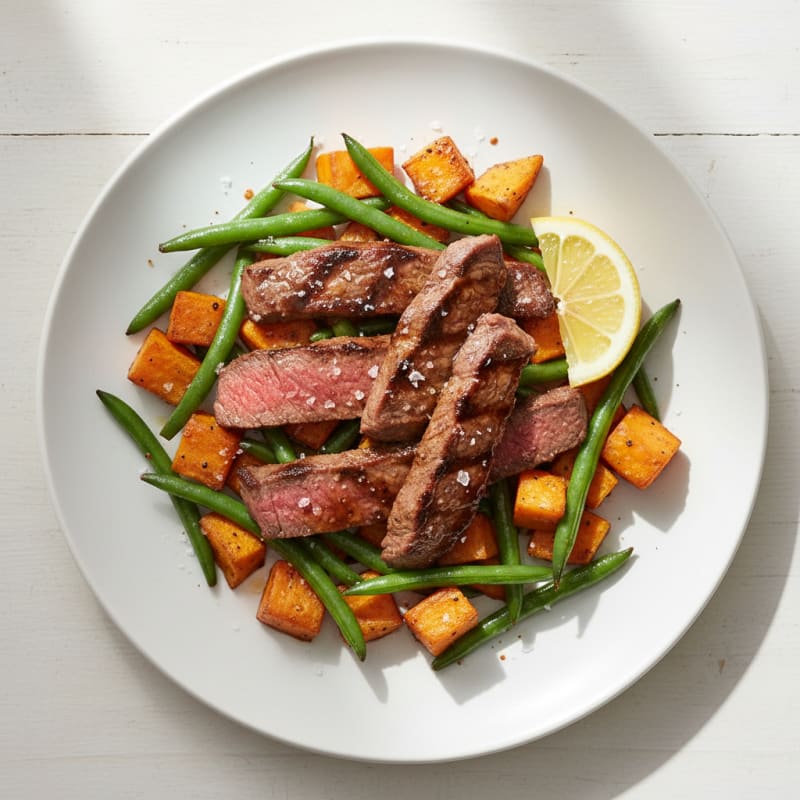 Seared Beef Strips with Roasted Sweet Potatoes and Green Beans