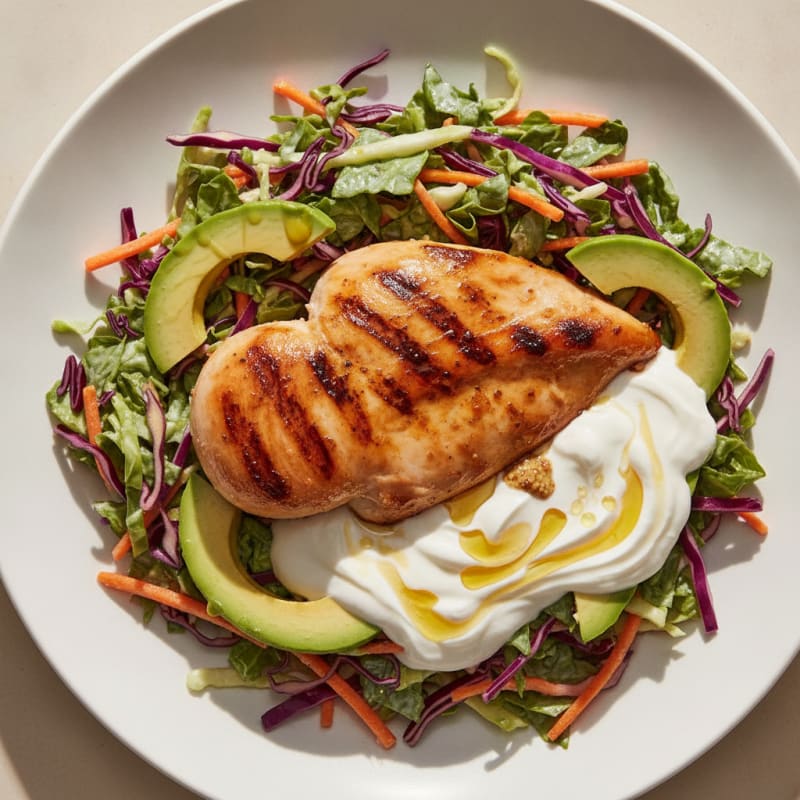 Grilled Chicken Breast with Crunchy Cabbage Slaw and Greek Yogurt Dressing