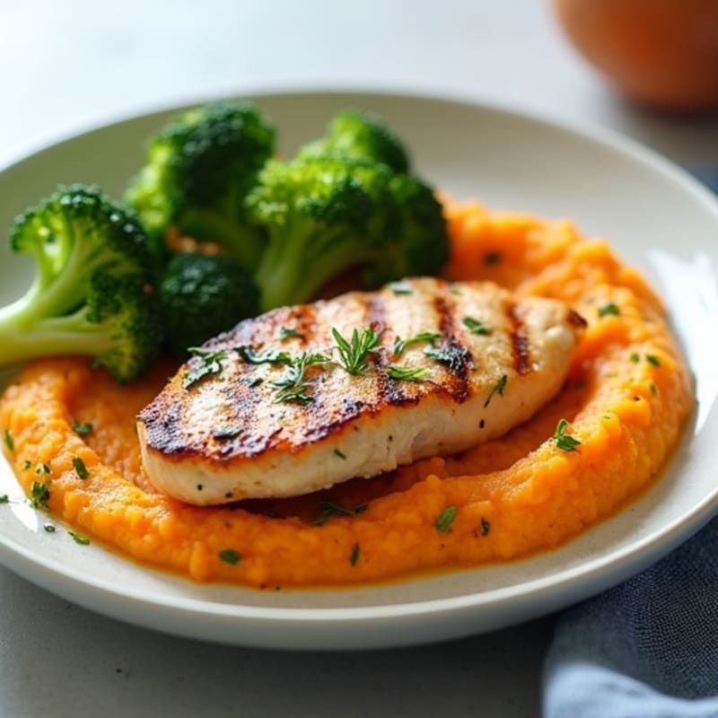 Grilled Chicken Breast with Steamed Broccoli and Sweet Potato Mash
