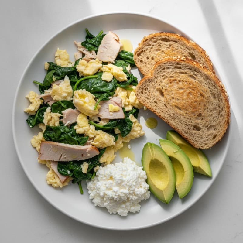 Egg White and Spinach Scramble with Cottage Cheese and Sliced Turkey