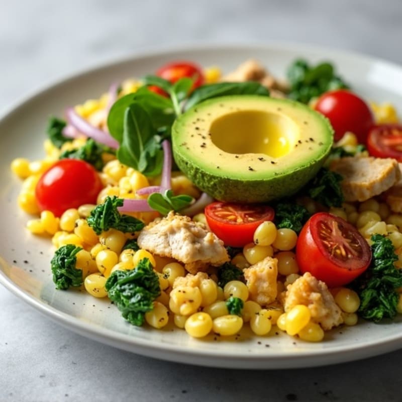 Egg White and Chicken Veggie Scramble with Sautéed Spinach