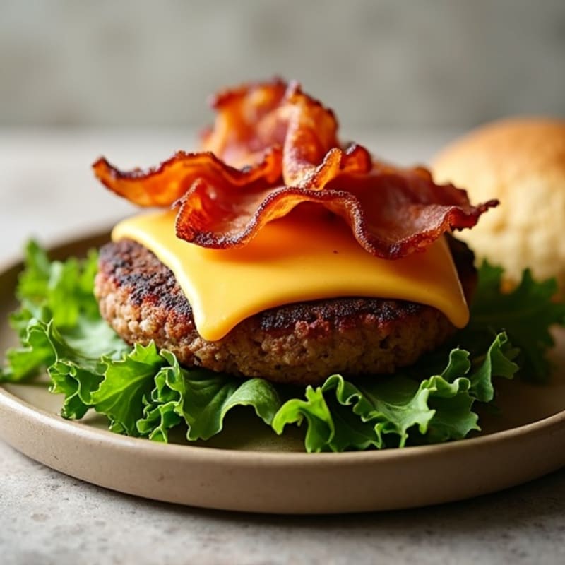 Lean Beef Patties with Crispy Bacon, Melted Cheddar, and Fresh Greens