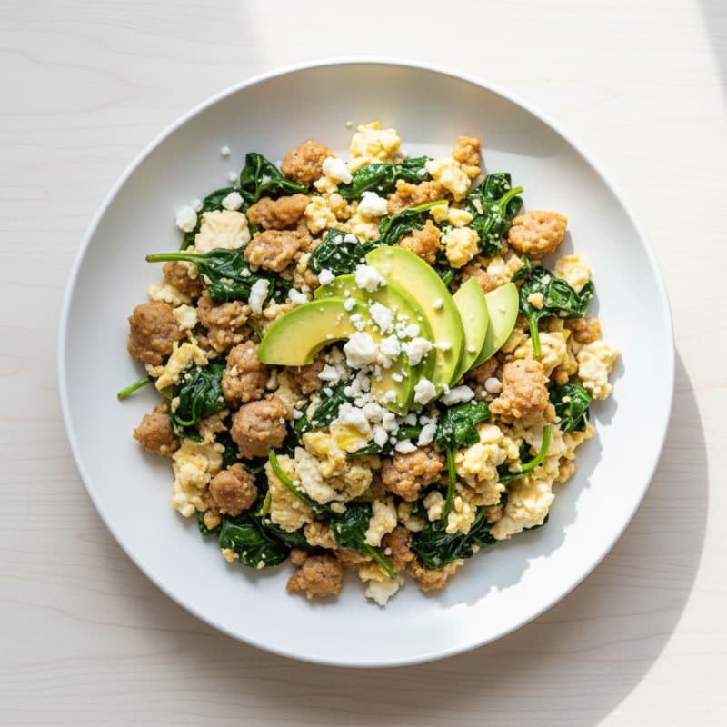 Egg White and Turkey Sausage Scramble with Sautéed Spinach