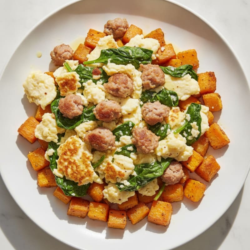 Egg White and Turkey Sausage Scramble with Spinach and Roasted Sweet Potato