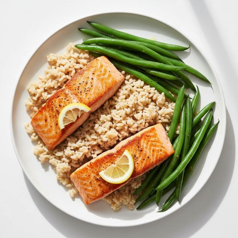 Seared Salmon with Steamed Green Beans and Brown Rice