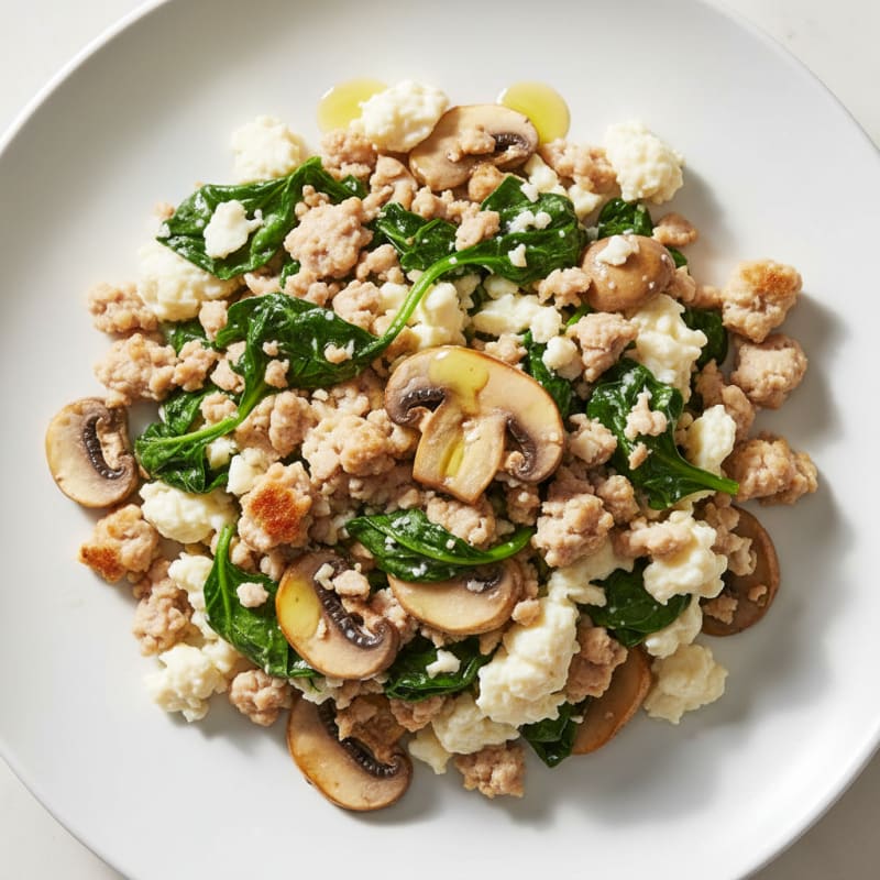 Egg White and Turkey Spinach Scramble with Sautéed Mushrooms