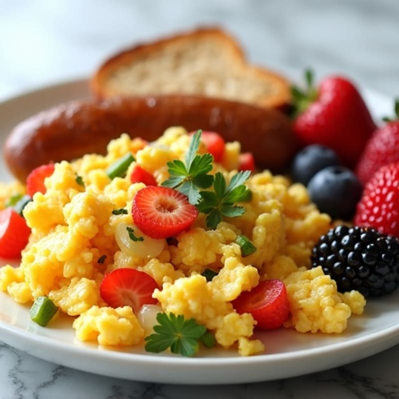 Egg White Veggie Scramble with Turkey Sausage and Fresh Berries