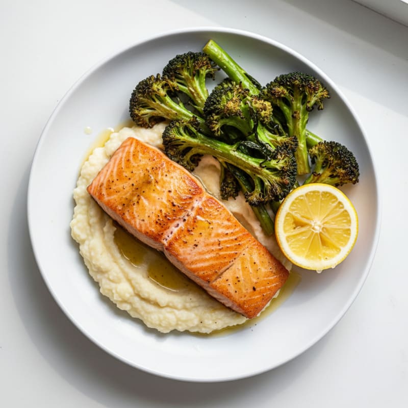 Seared Salmon with Roasted Broccoli and Cauliflower Mash