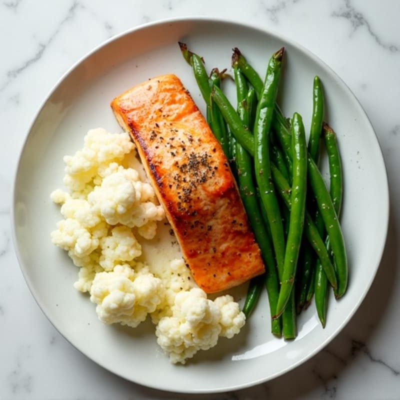 Seared Salmon with Steamed Green Beans and Garlic Mashed Cauliflower