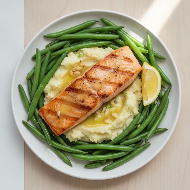 Seared Salmon Fillet with Steamed Green Beans and Garlic Mashed Potatoes