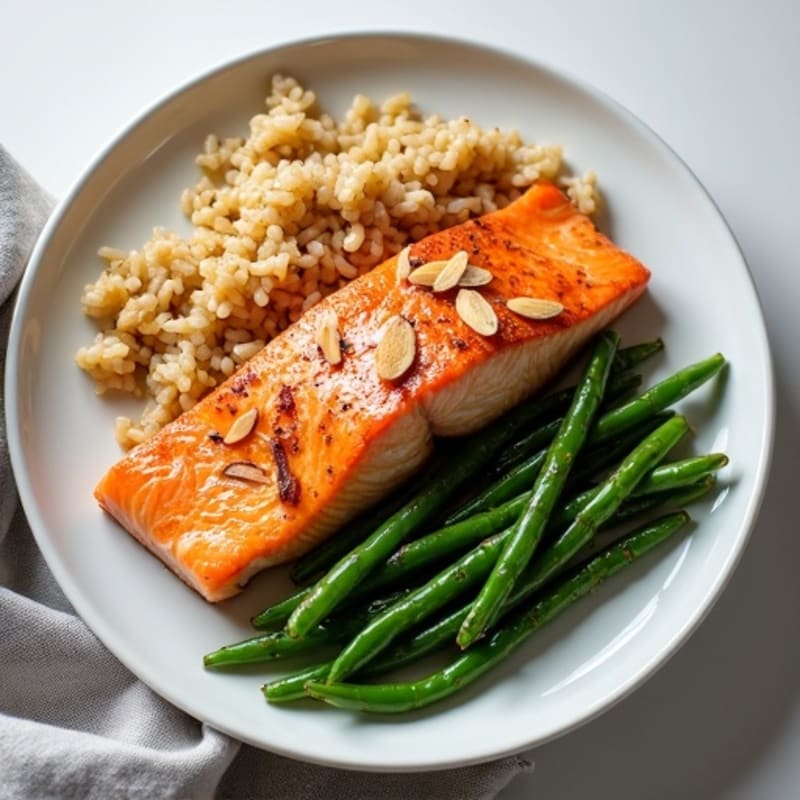 Seared Salmon Fillet with Brown Rice and Garlic Green Beans