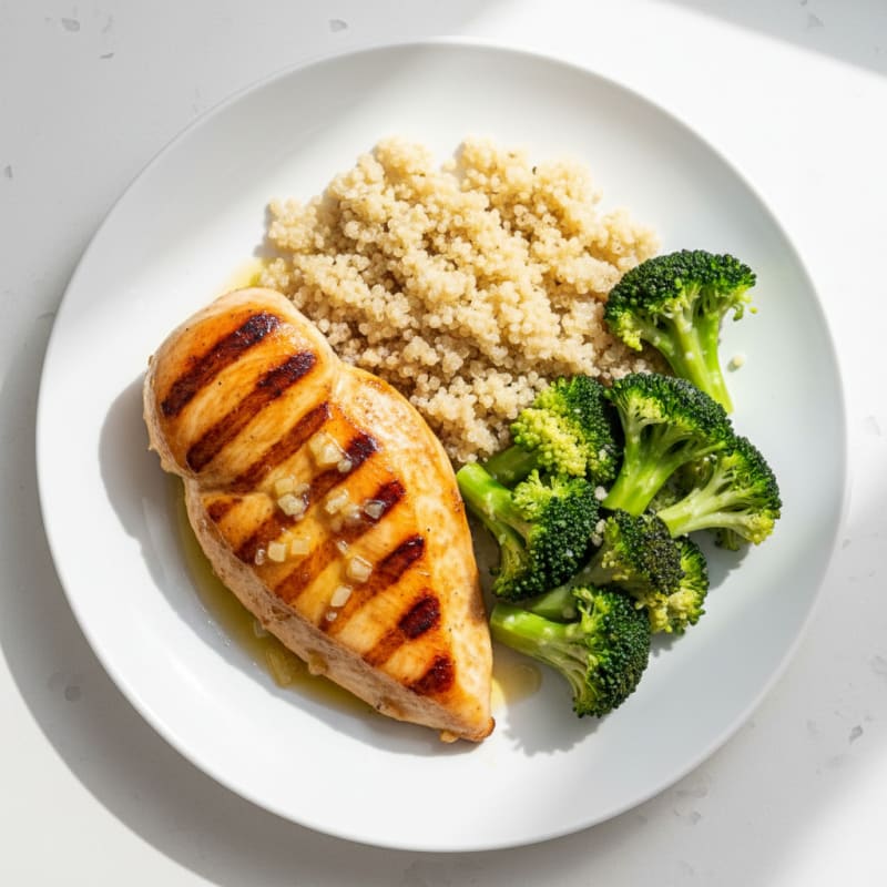 Grilled Lemon-Garlic Chicken Breast with Quinoa and Steamed Broccoli