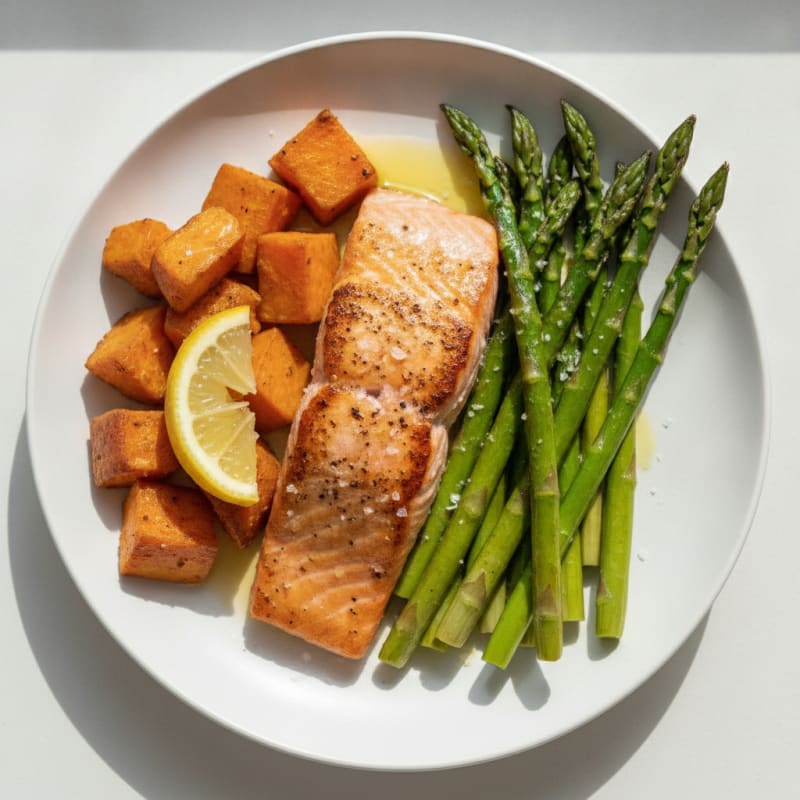 Seared Salmon with Roasted Sweet Potatoes and Asparagus
