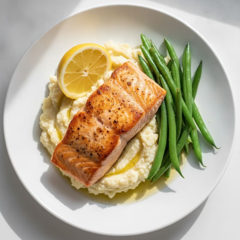 Seared Salmon with Steamed Green Beans and Cauliflower Mash