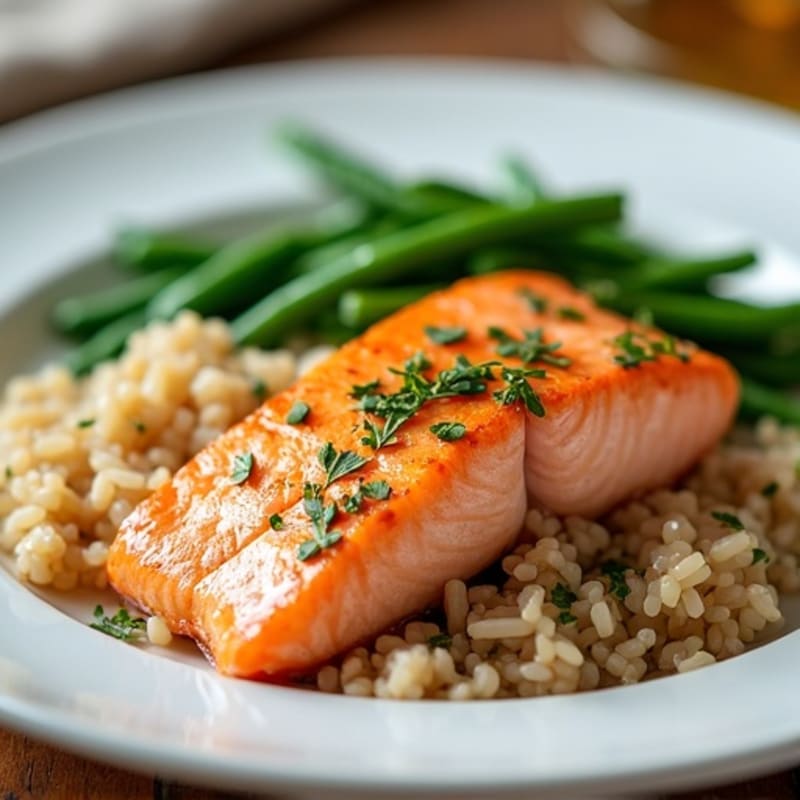 Seared Salmon Fillet with Steamed Green Beans and Brown Rice
