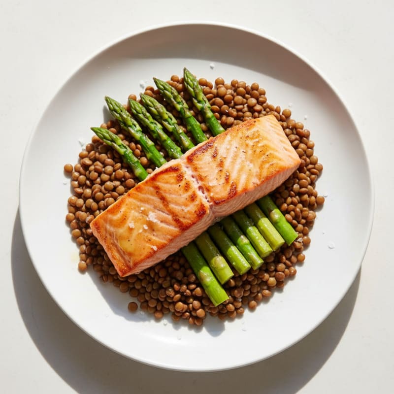 Seared Salmon Fillet with Steamed Asparagus and Lentils