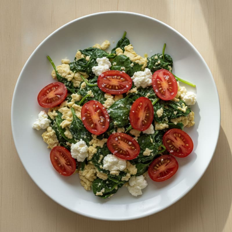 Egg White Spinach Scramble with Cottage Cheese and Fresh Tomato
