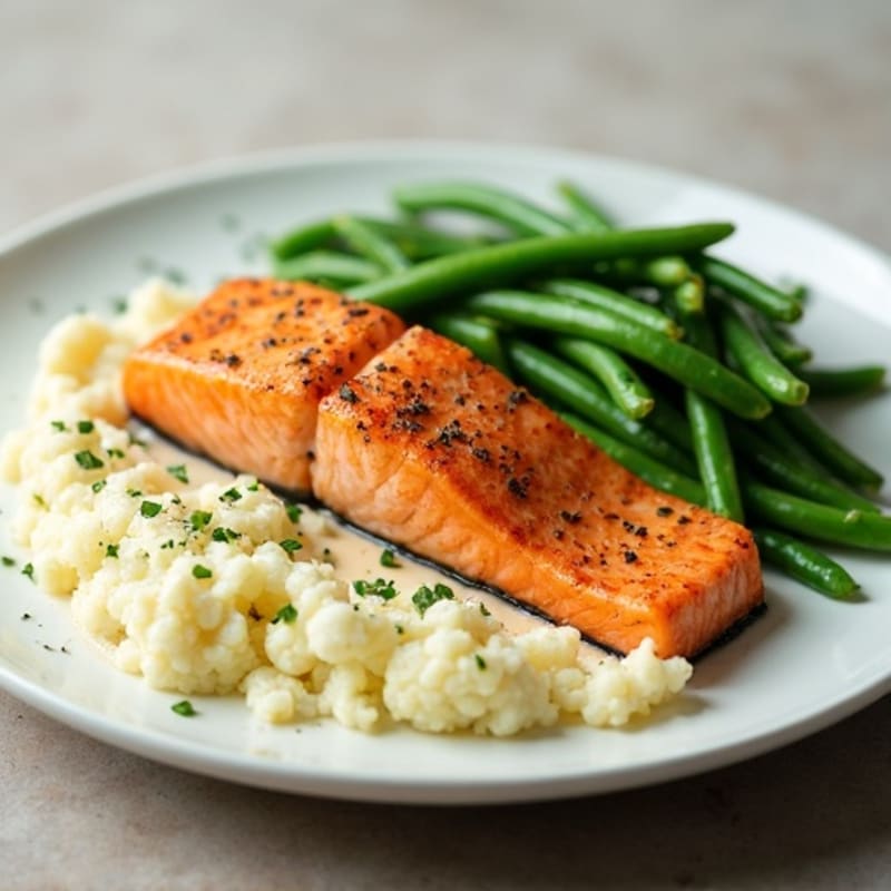 Seared Salmon with Steamed Green Beans and Garlic Mashed Cauliflower