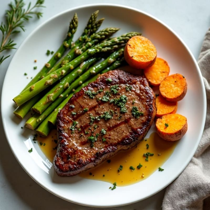 Garlic Herb Pan-Seared Steak with Roasted Asparagus and Crispy Sweet Potatoes