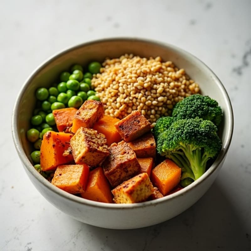 Crispy Sesame Tofu Bowl with Roasted Sweet Potato and Broccoli