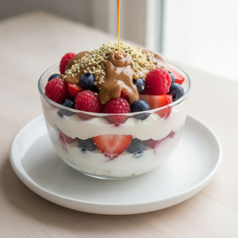 Greek Yogurt Protein Parfait with Mixed Berries and Almond Butter
