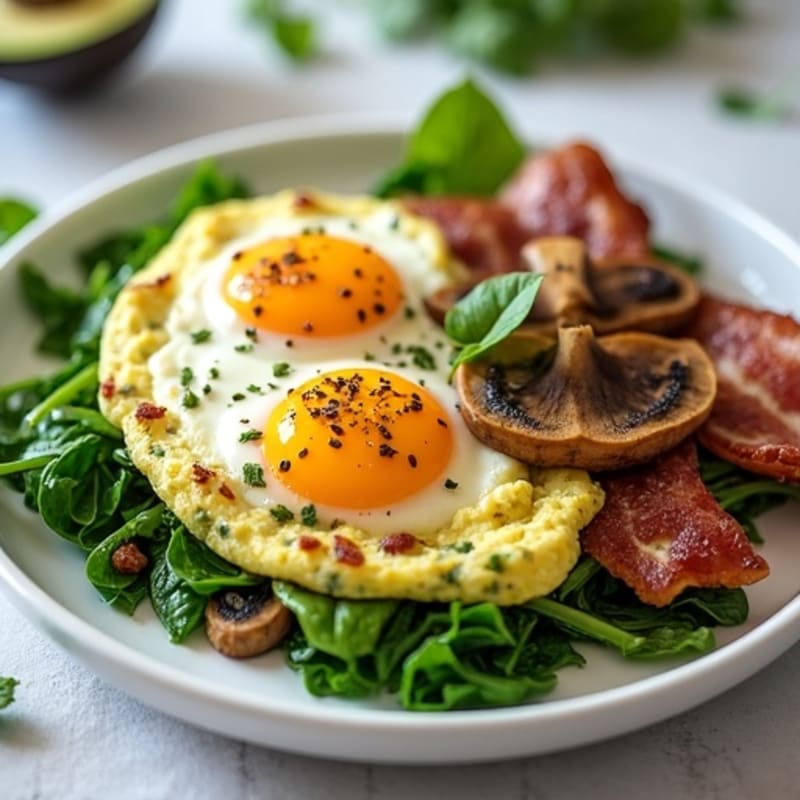 Egg White Spinach Scramble with Turkey Bacon and Sautéed Mushrooms