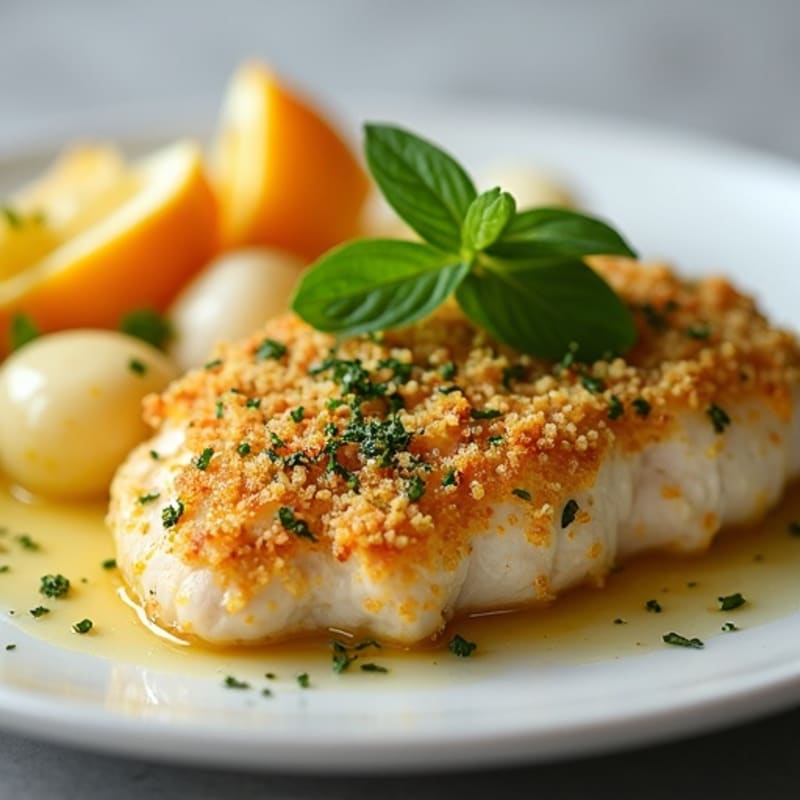 Herb-Crusted Pan Seared Chicken with Lemon Garlic Sauce
