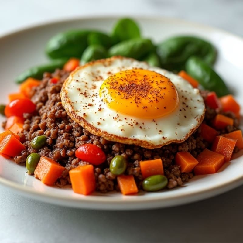 Spiced Ground Beef and Roasted Sweet Potato Hash