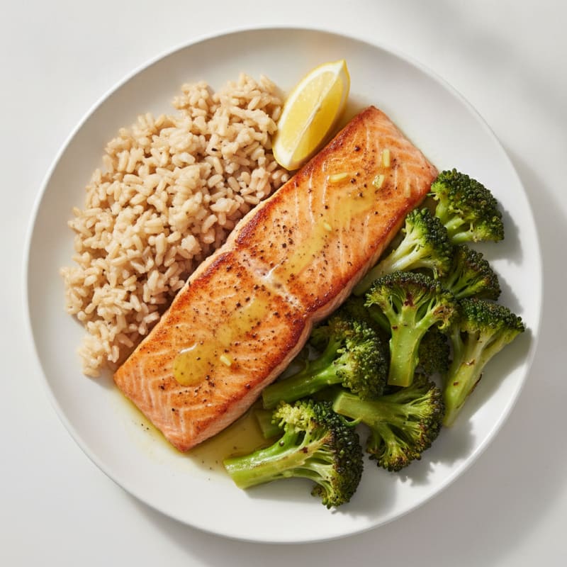 Pan-Seared Salmon with Steamed Broccoli and Brown Rice