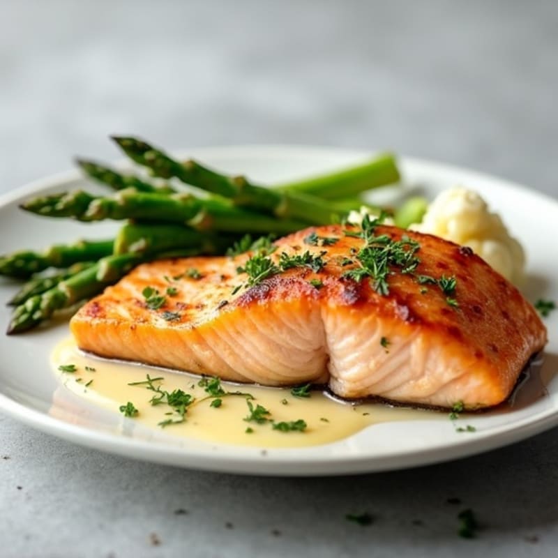 Seared Salmon with Steamed Asparagus and Garlic Mashed Cauliflower