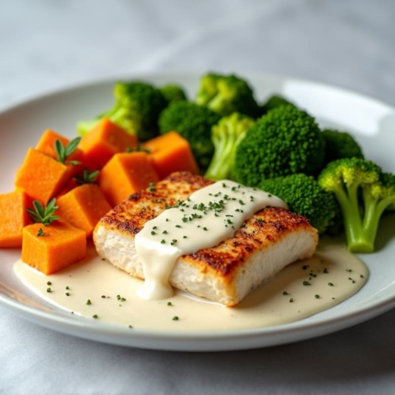 Creamy Garlic Chicken with Roasted Sweet Potatoes and Broccoli
