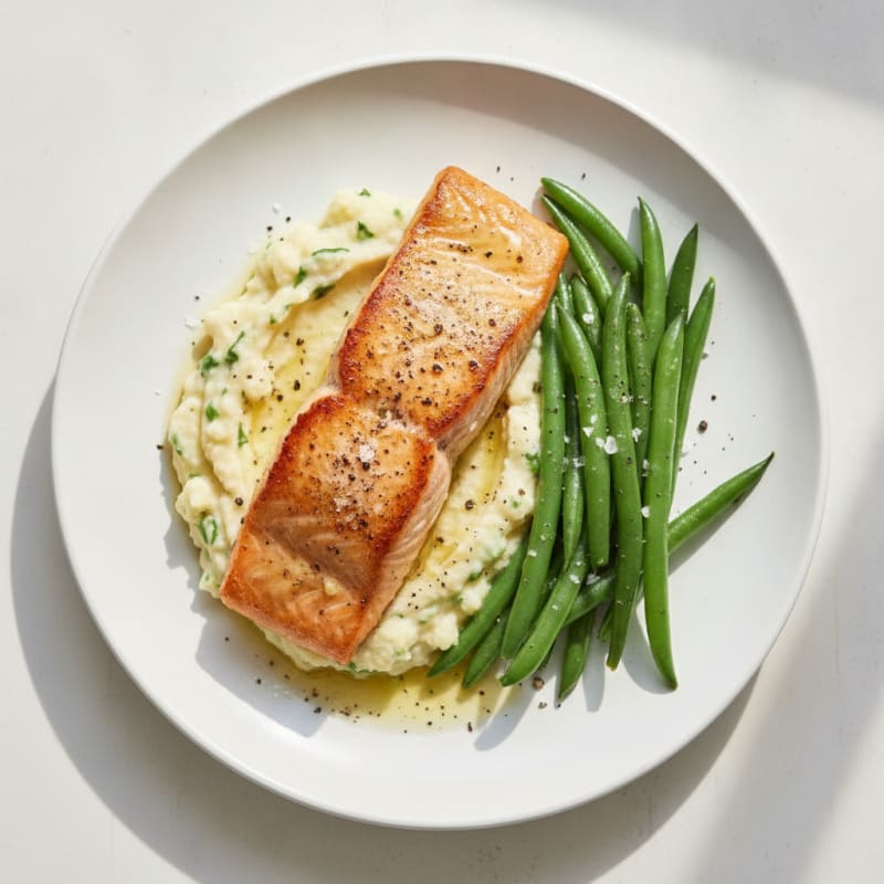 Seared Salmon with Steamed Green Beans and Garlic Mashed Cauliflower