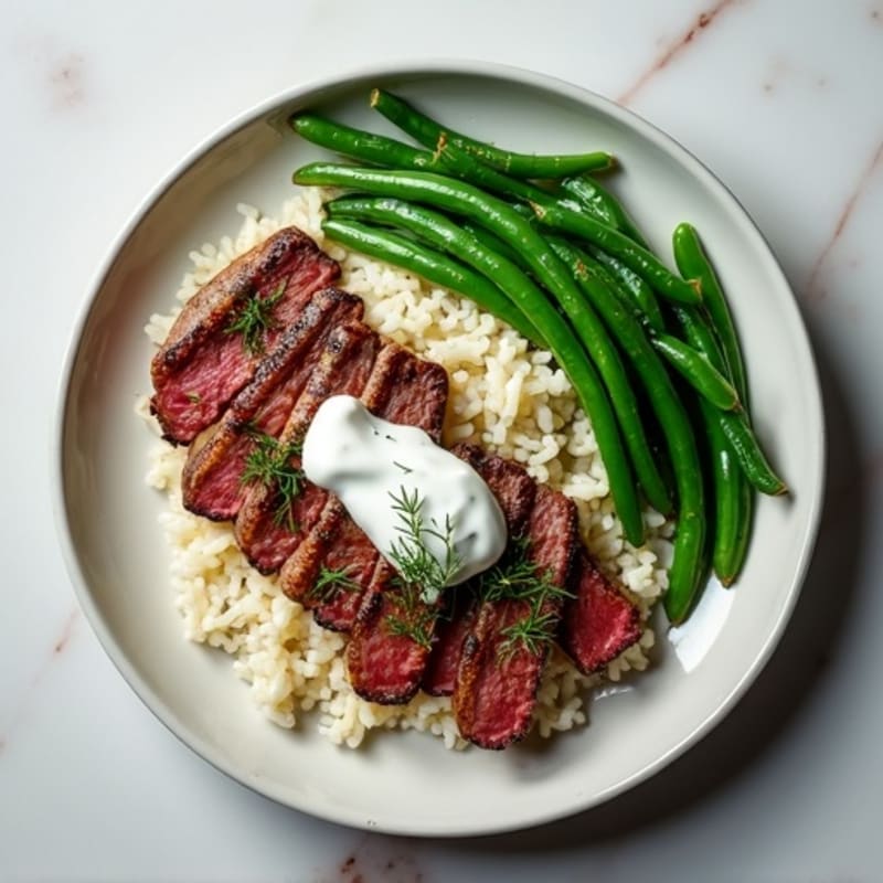Seared Steak with Herb Rice and Steamed Green Beans