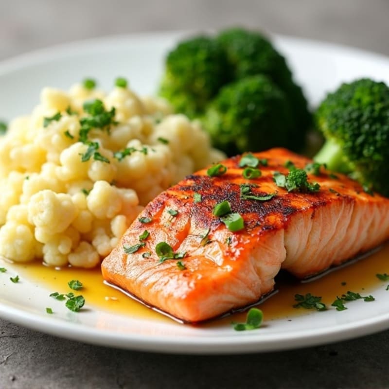 Seared Salmon with Roasted Broccoli and Garlic Mashed Cauliflower