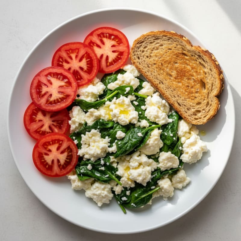 Egg White Spinach Scramble with Cottage Cheese and Sliced Tomatoes