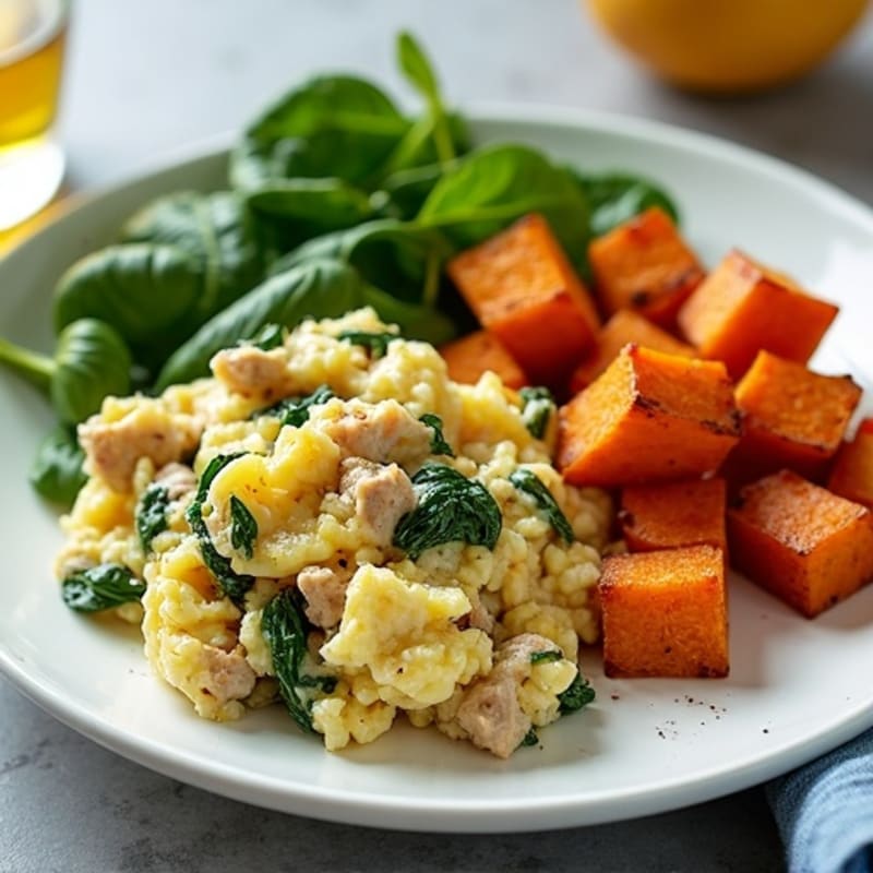 Egg White and Turkey Spinach Scramble with Roasted Sweet Potatoes
