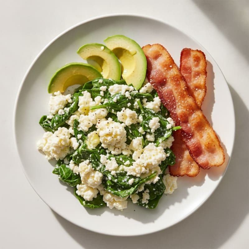 Egg White and Cottage Cheese Scramble with Spinach and Turkey Bacon