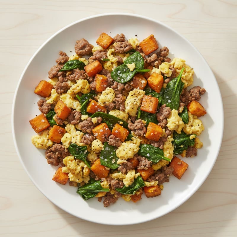 Beef and Spinach Scramble with Sweet Potato