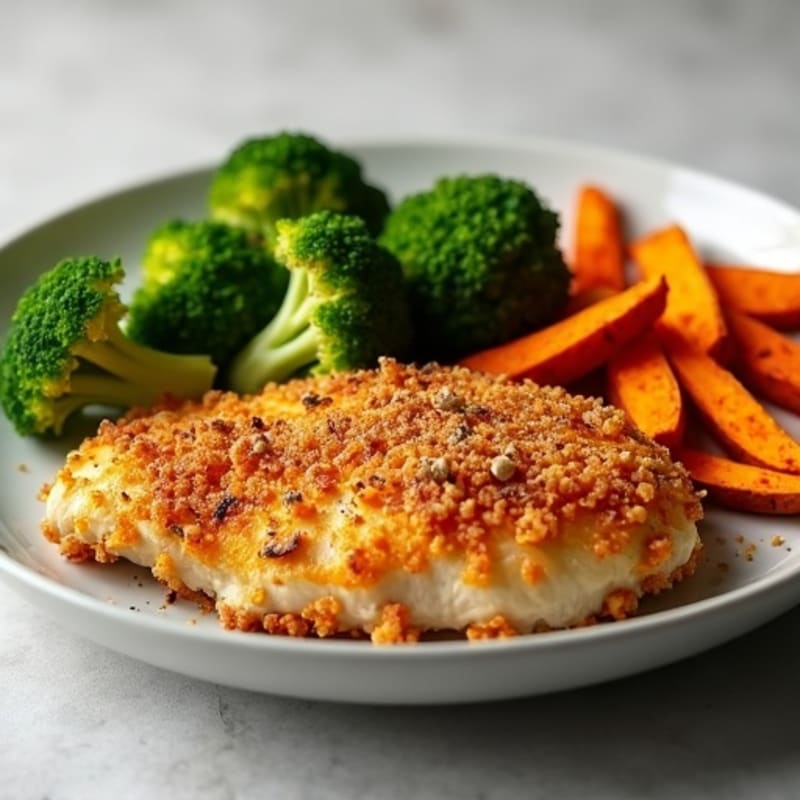 Crispy Baked Chicken with Roasted Broccoli and Sweet Potato Fries