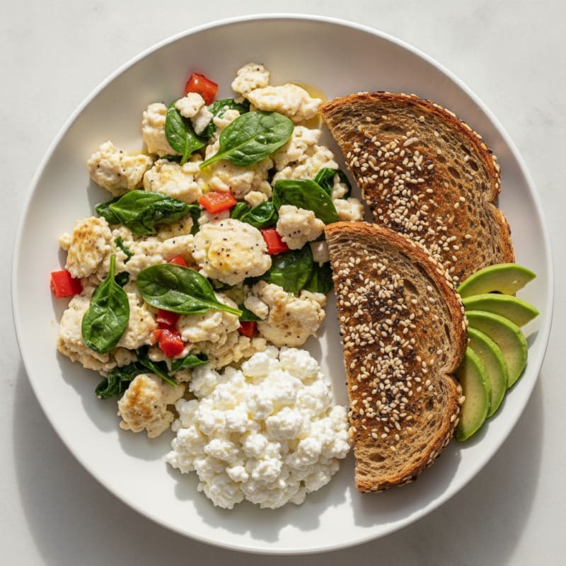Egg White Veggie Scramble with Cottage Cheese and Toast